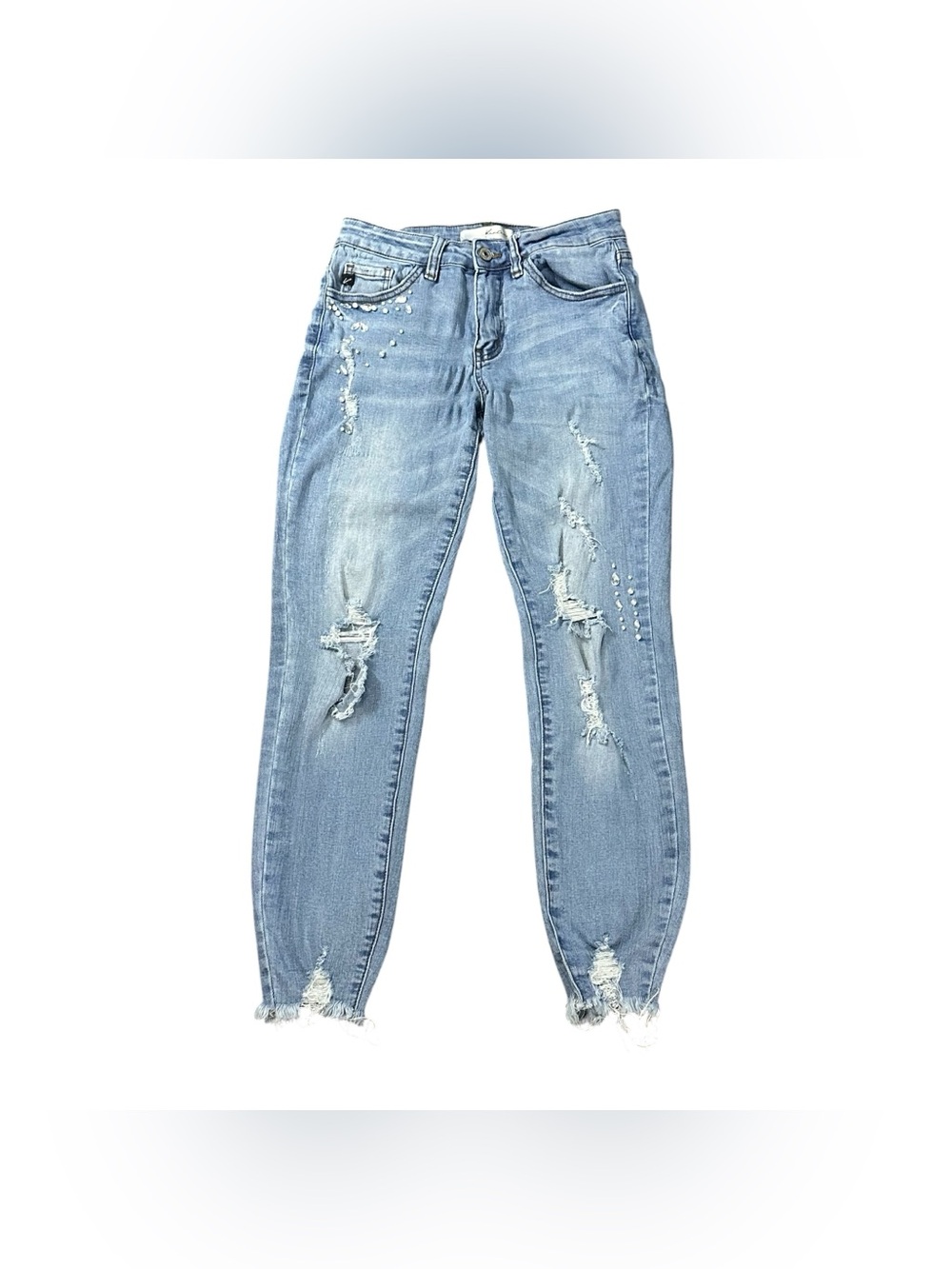 Kancan Women’s Size 5/26 Distressed Rhinestone Pearl Skinny Jeans Light Wash